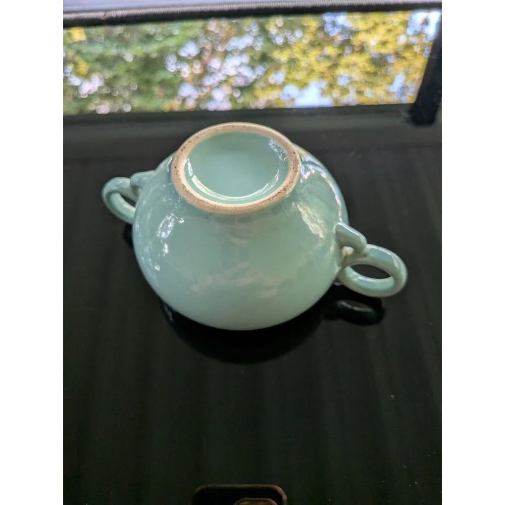 Mid Century Modern Vintage Mist Green Aqua Pottery Sugar Bowl Detailed Handles